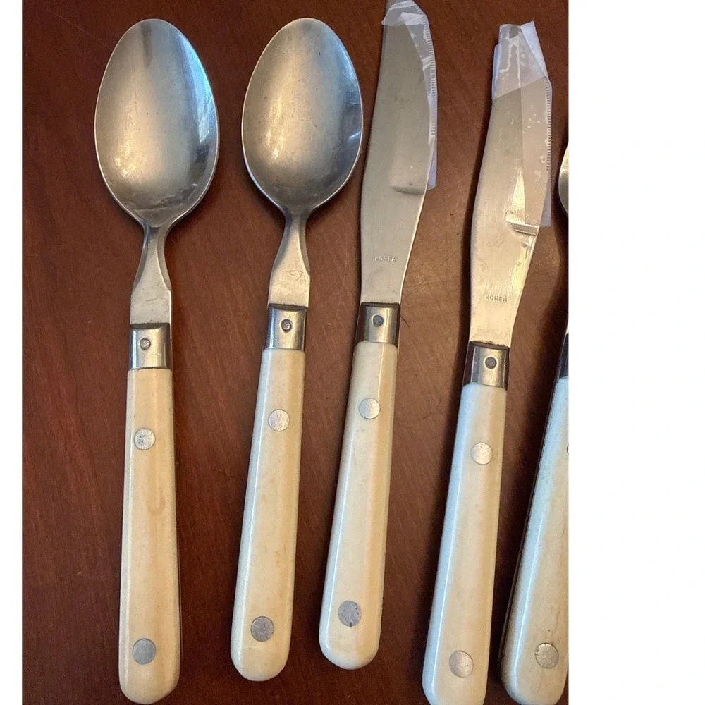 Mardi Gras Korea Stainless silverware 2‎ sets w 4 pieces ea ivory midcentury vtg
